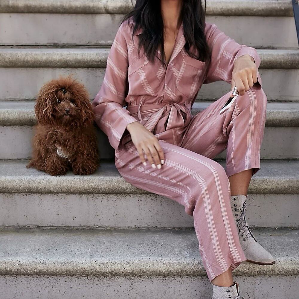 Free People Real Love Belted Jumpsuit Womens M Striped Utility Mauve